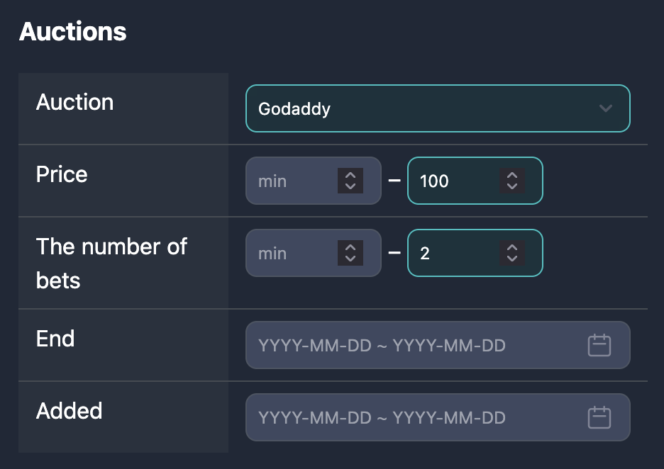 Auction Filter Settings