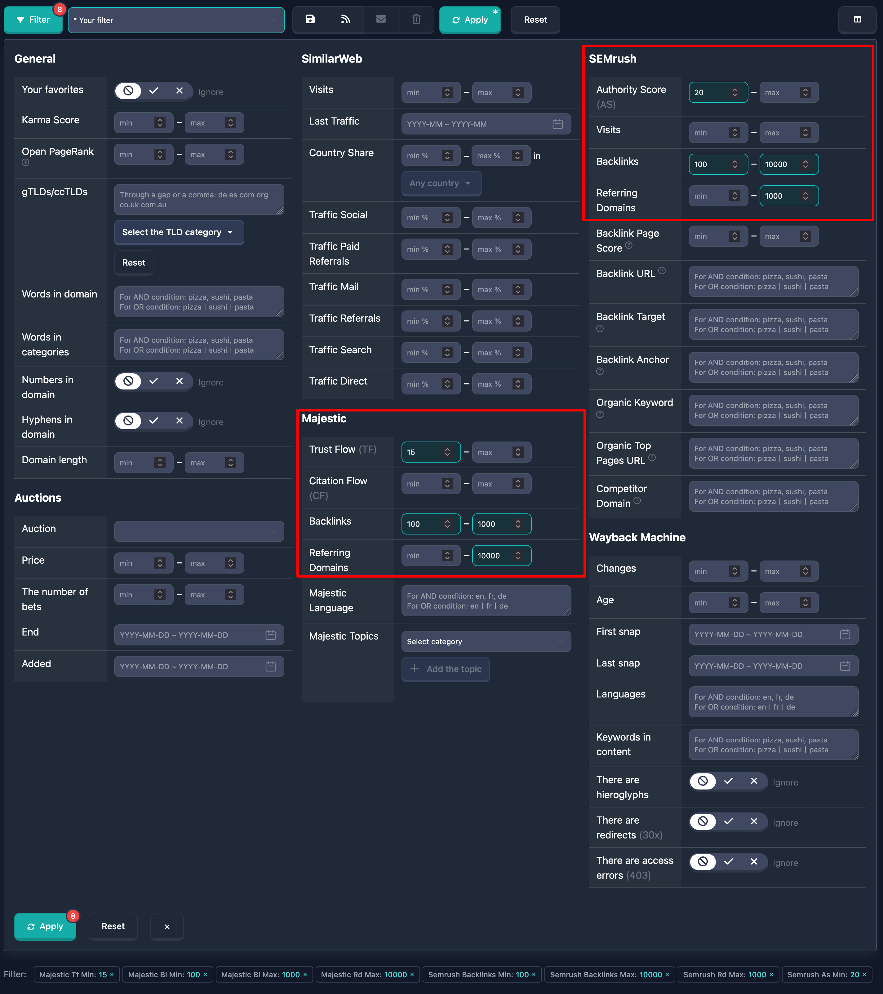 Filter Majestic dan SEMrush