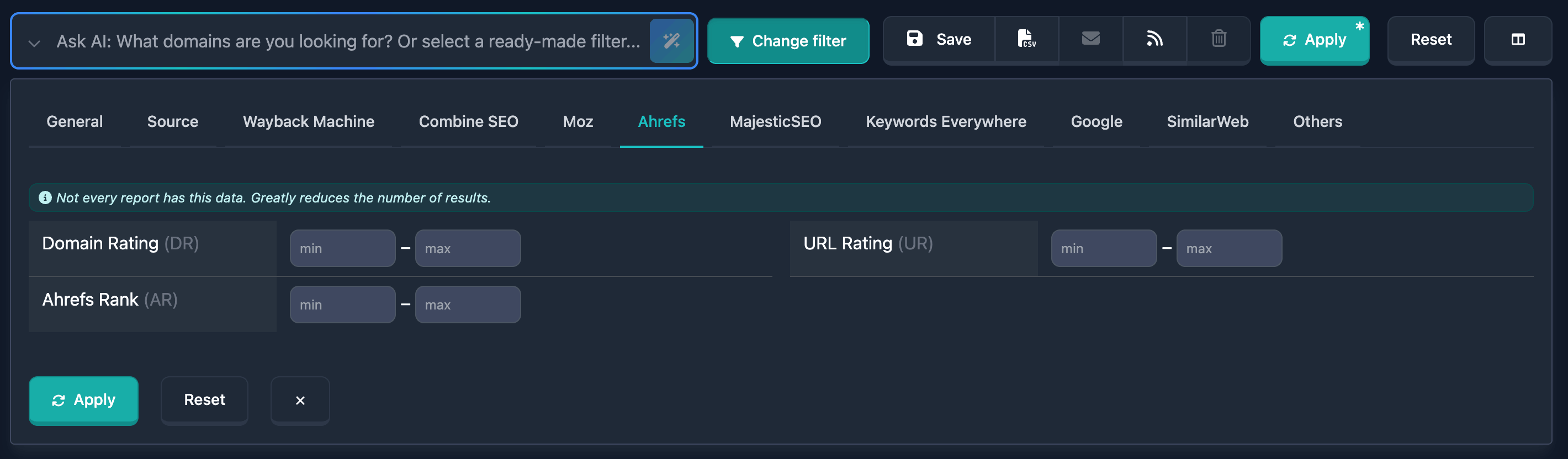 Ahrefs filters in Karma.Domains