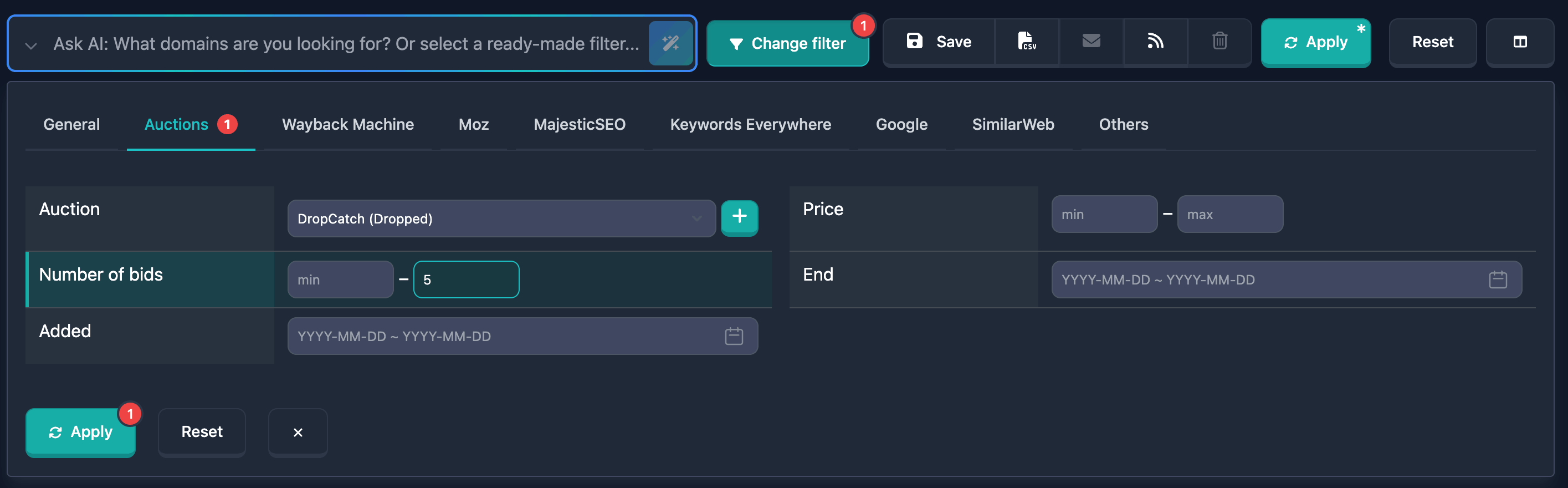 Auction bid count filter