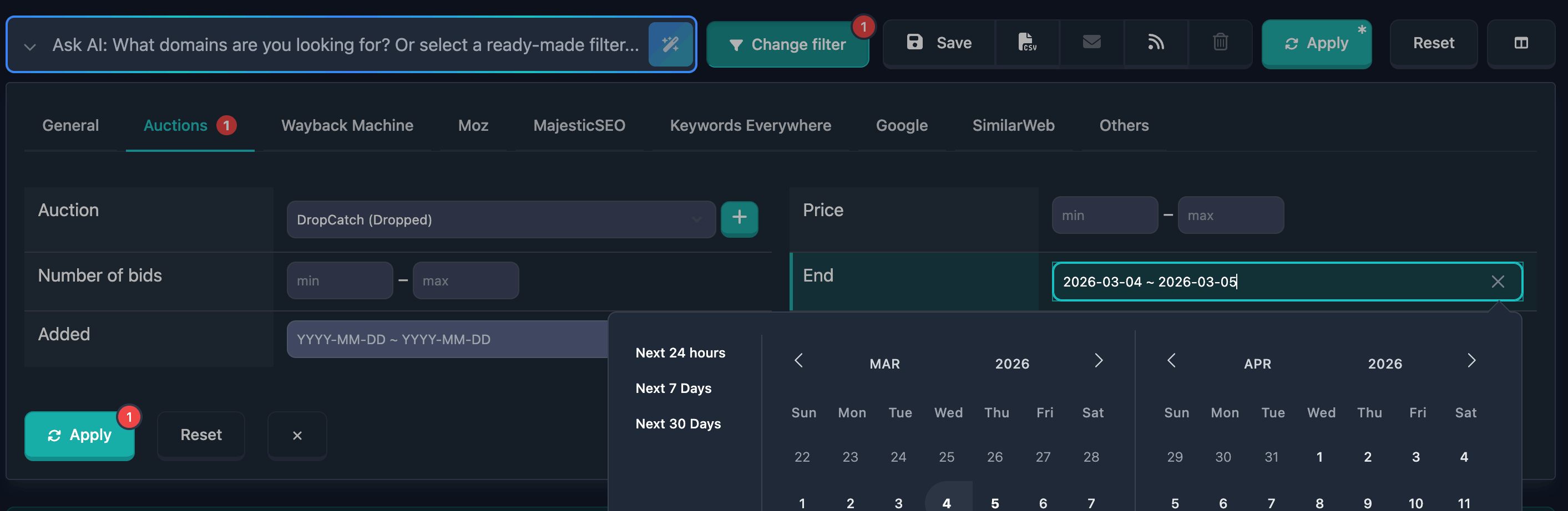 Auction end time filter