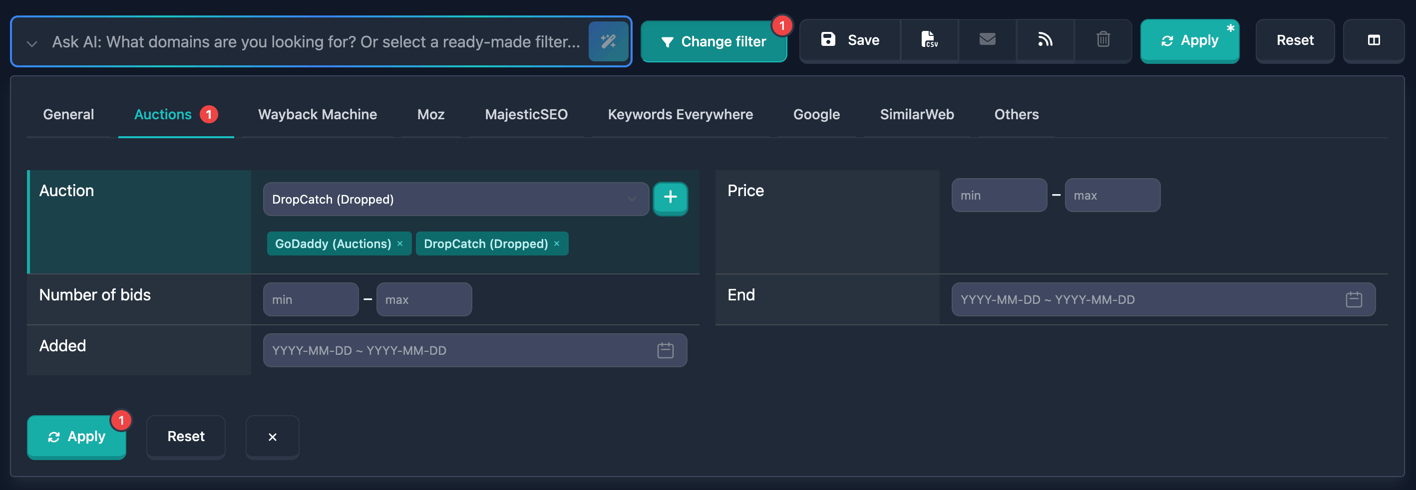 Searching domains on auctions