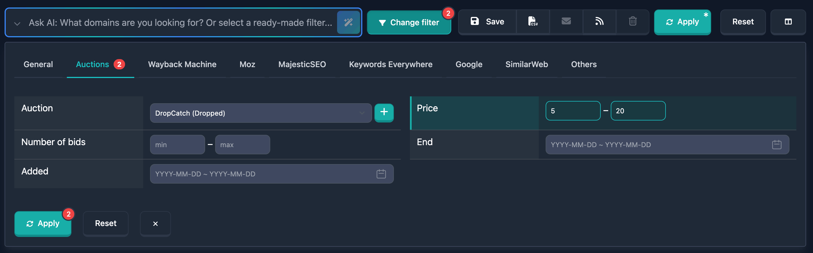 Auction domain price filter