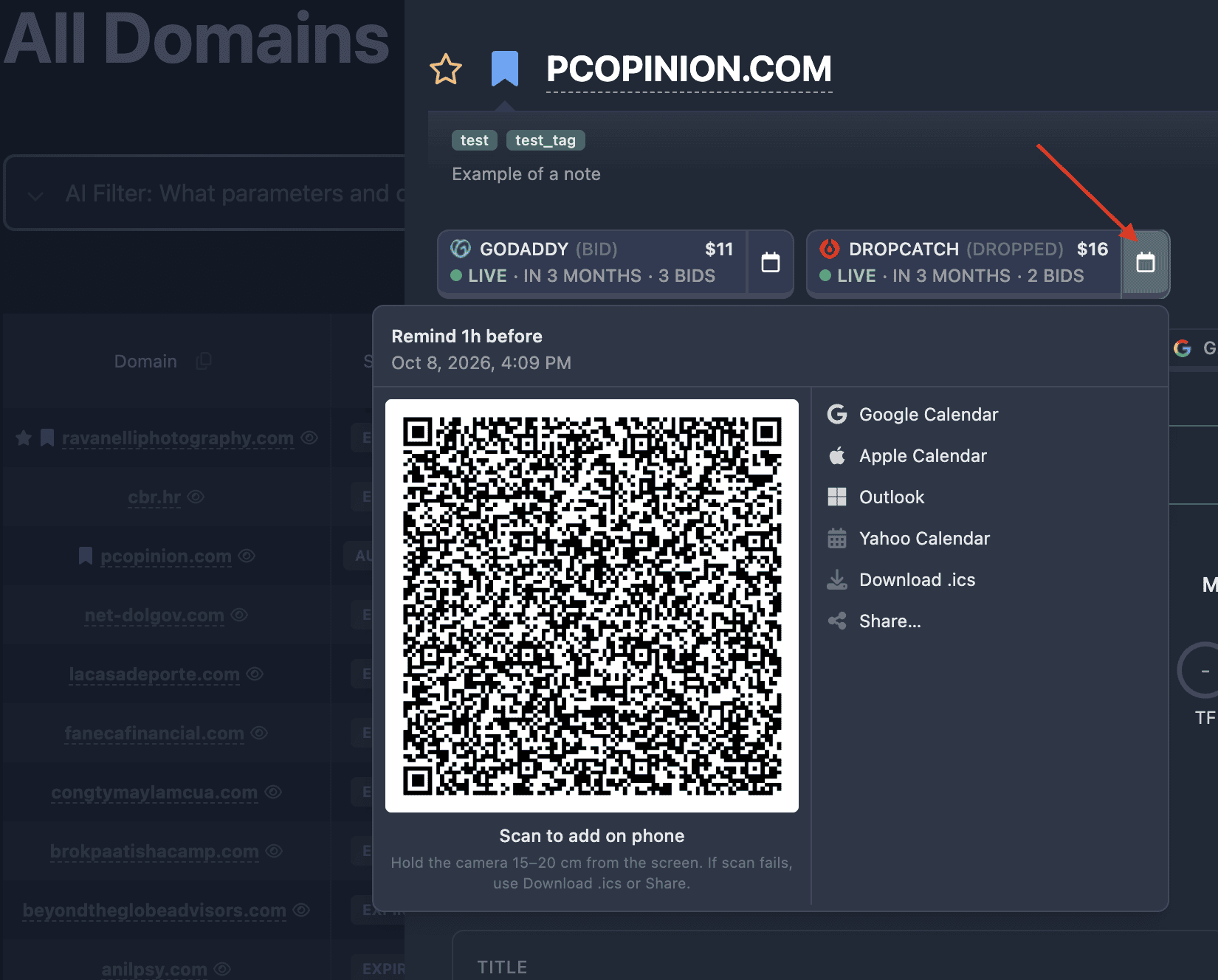 Calendar button next to the lot in the Karma.Domains report