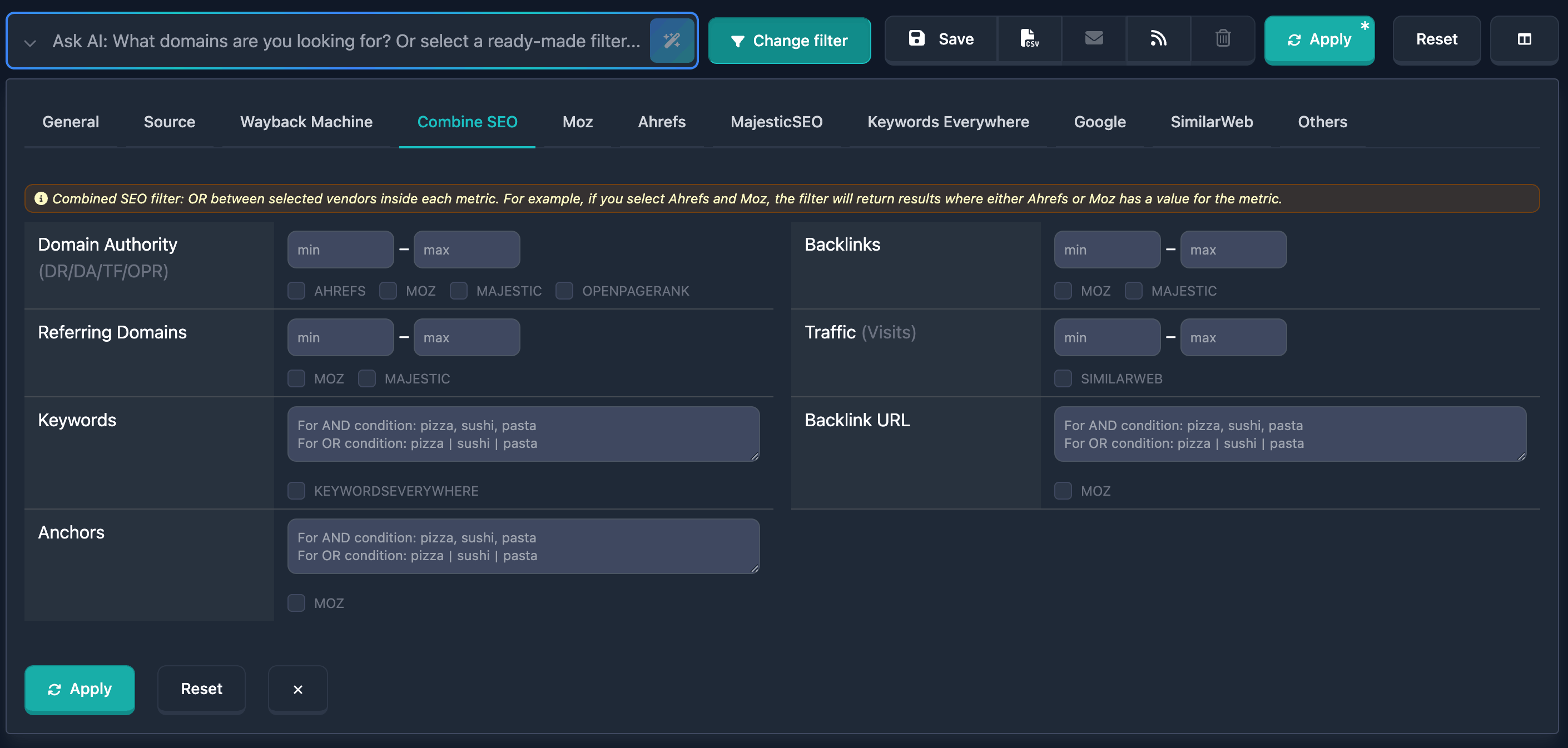 Combined SEO filter in Karma.Domains