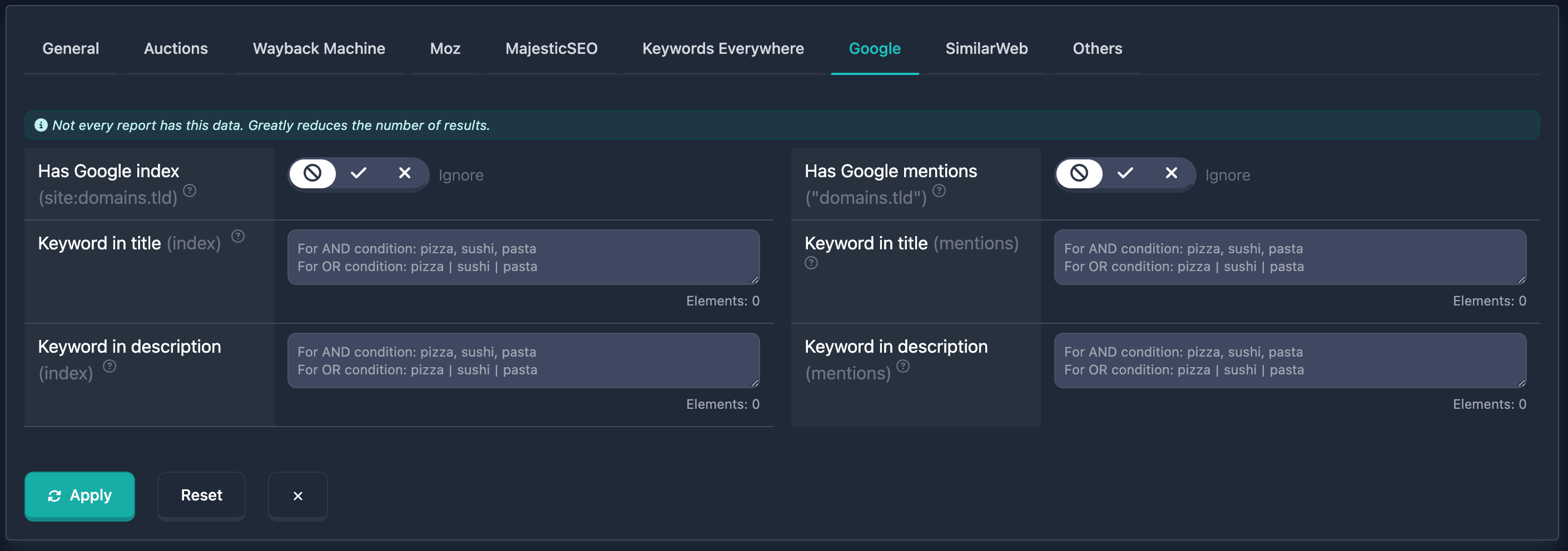 Google filters in Karma.Domains
