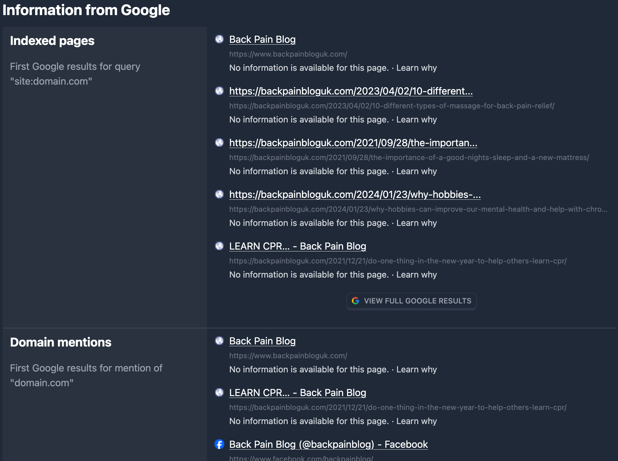 Google tab in the Karma.Domains report
