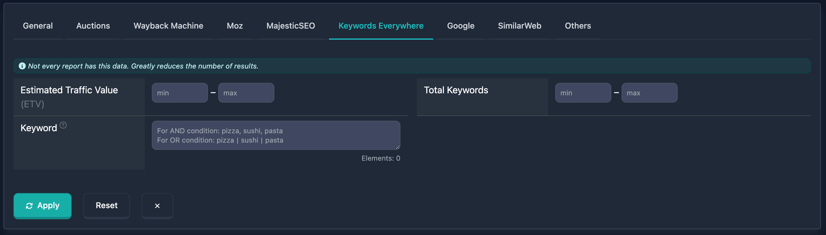 Keywords Everywhere filters in Karma.Domains