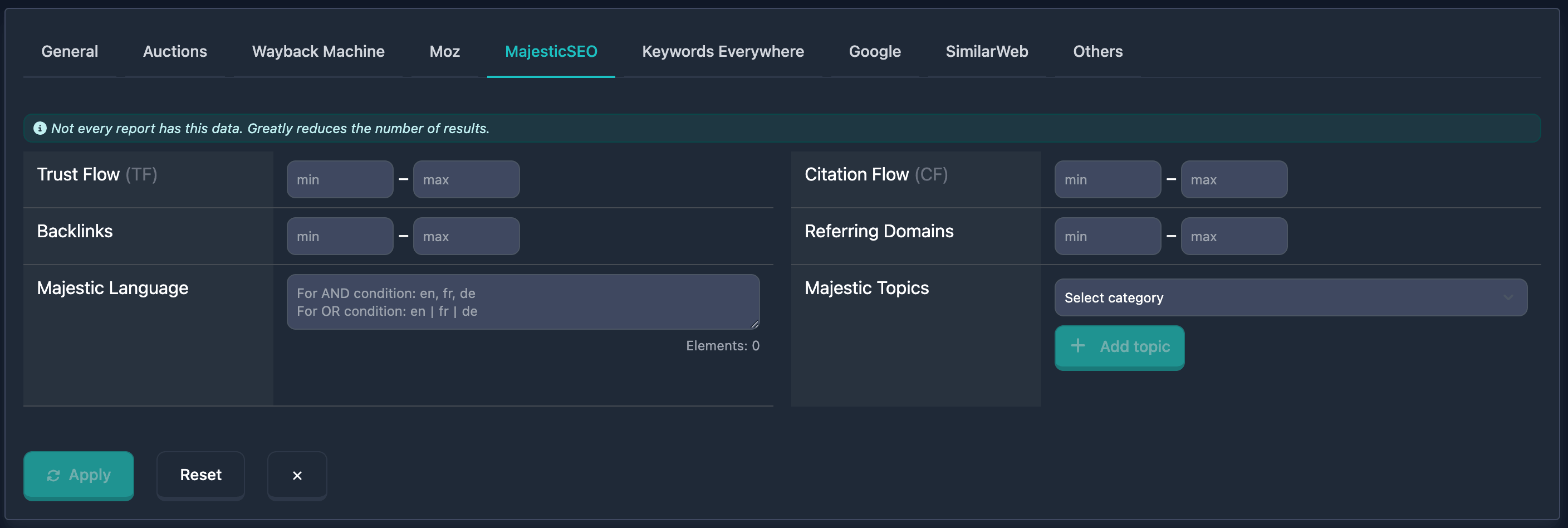 Majestic filters in Karma.Domains
