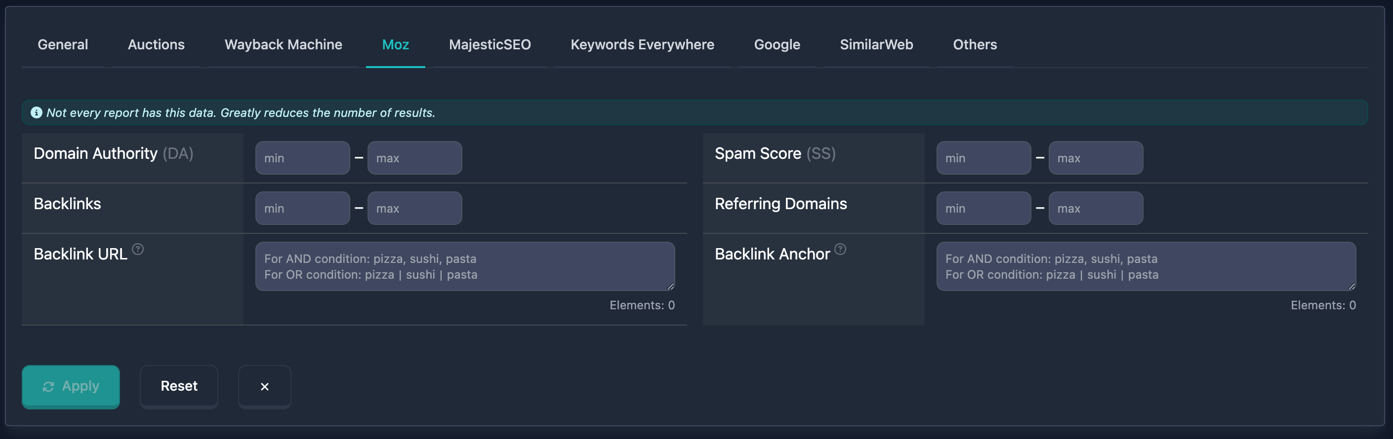 Moz filters in Karma.Domains