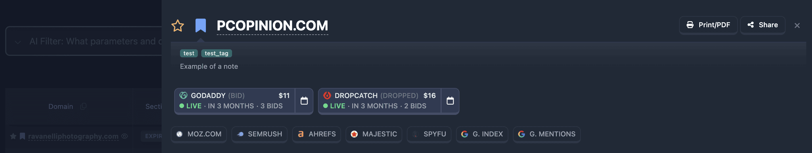 “Share” button in the Karma.Domains report header