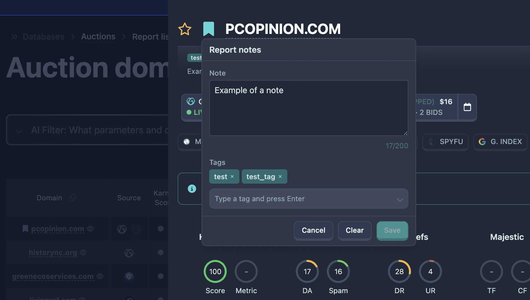 Notes icon in the Karma.Domains report header