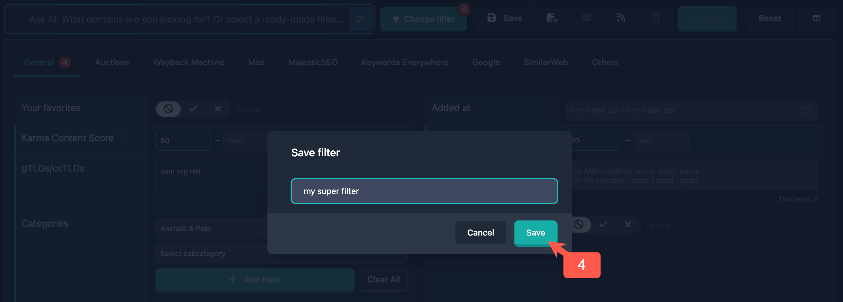 Naming a saved domain filter