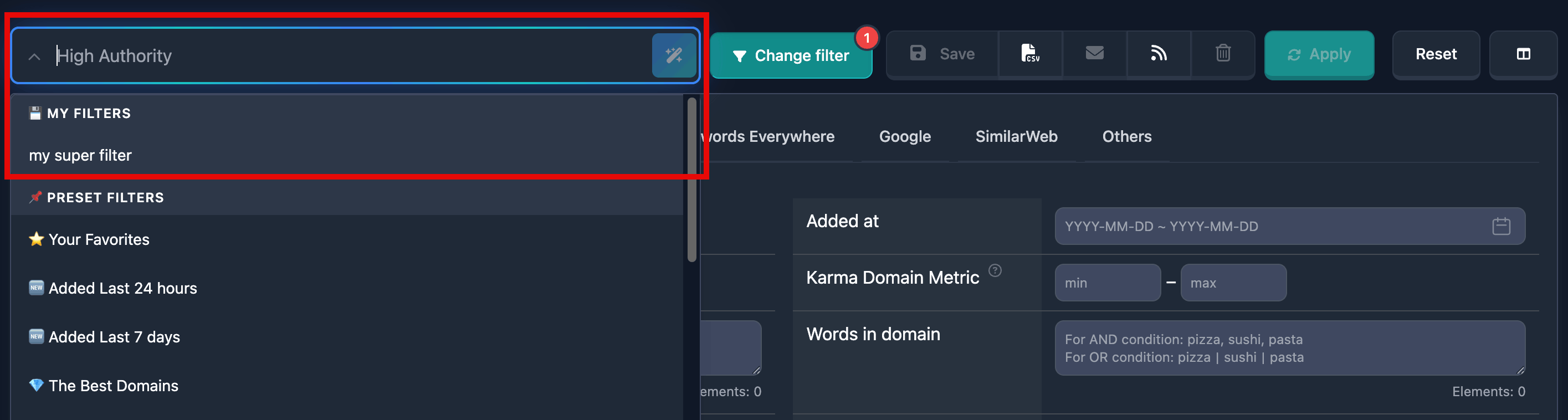 Selecting a saved domain filter
