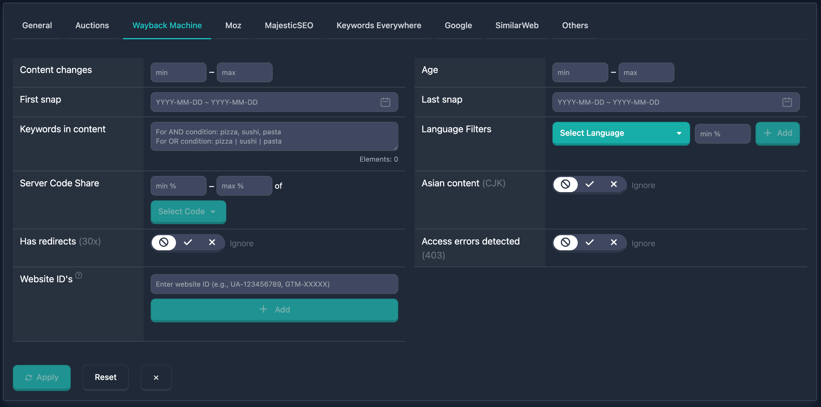 Wayback Machine filters in Karma.Domains