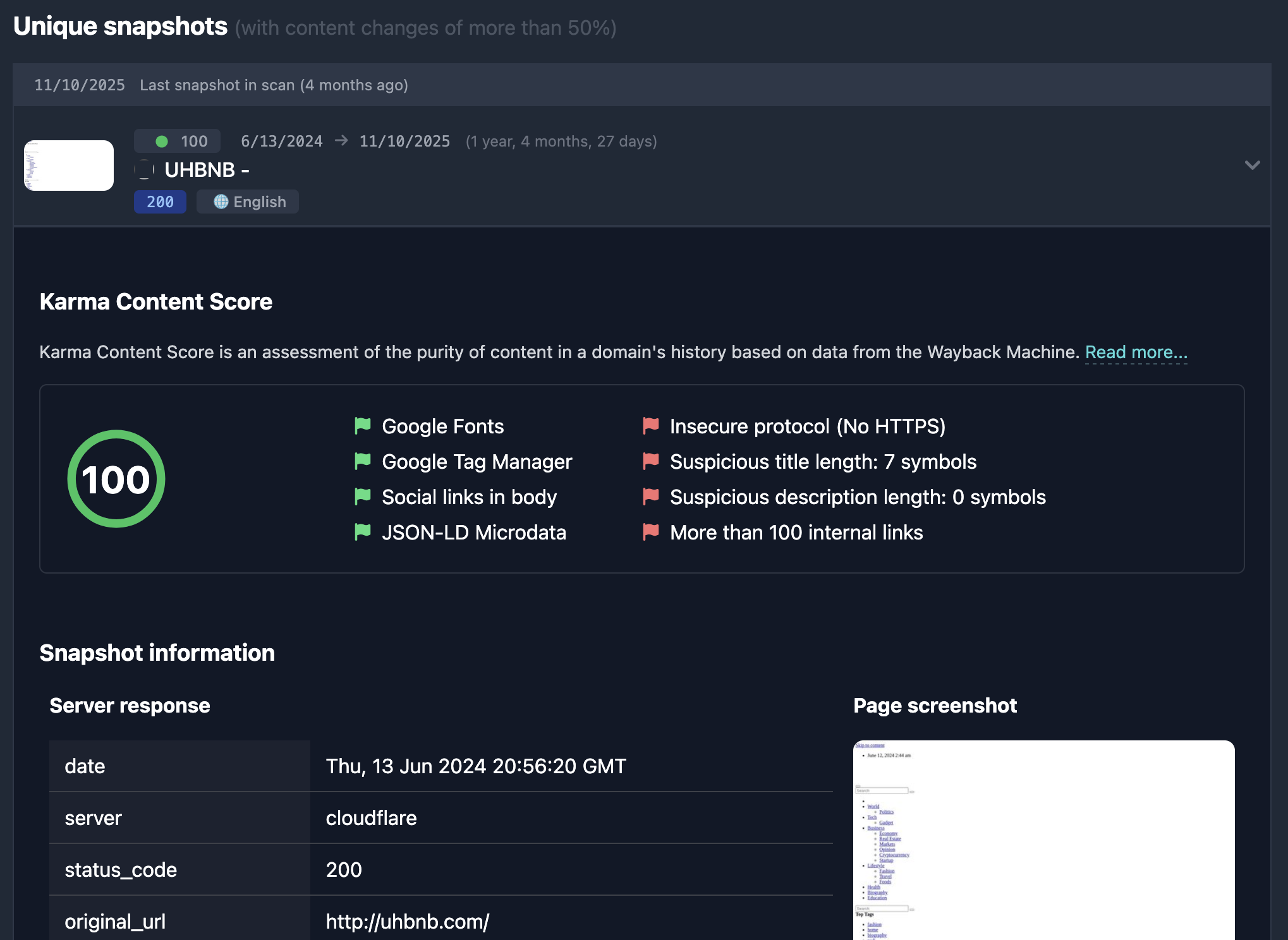 Expanded row content in the Karma.Domains report