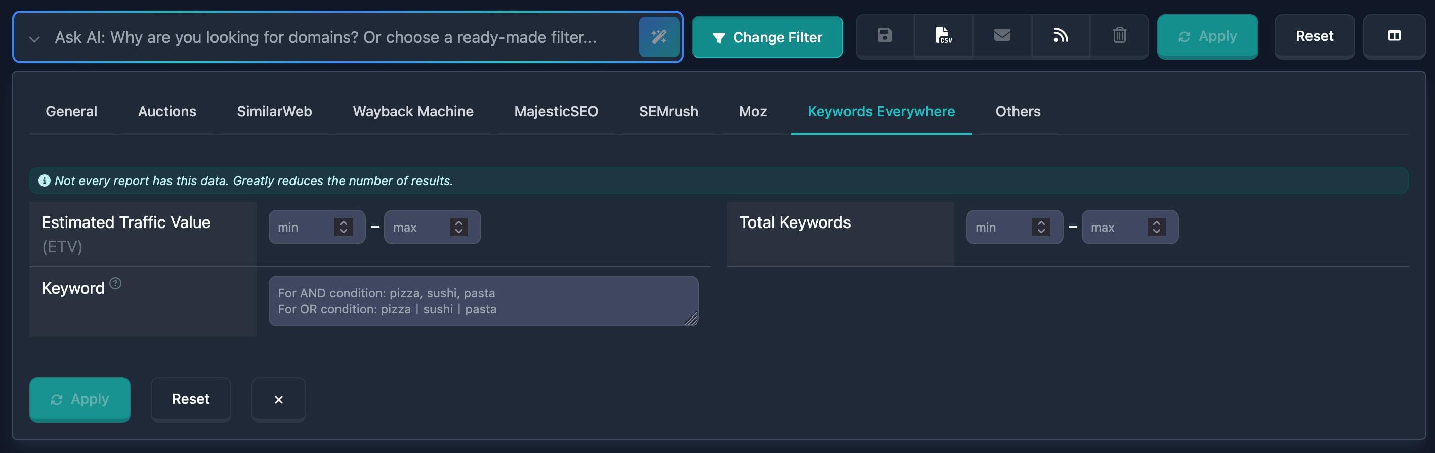 Keywords filter